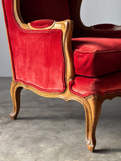 Vintage French Louis XV Style Crimson Velvet Wingback Bergère
