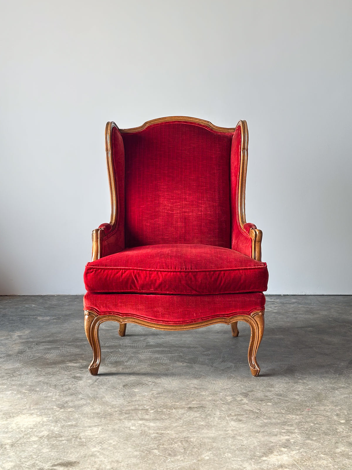 Vintage French Louis XV Style Crimson Velvet Wingback Bergère