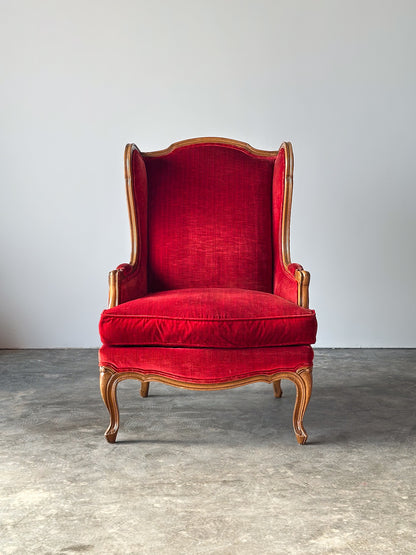 Vintage French Louis XV Style Crimson Velvet Wingback Bergère