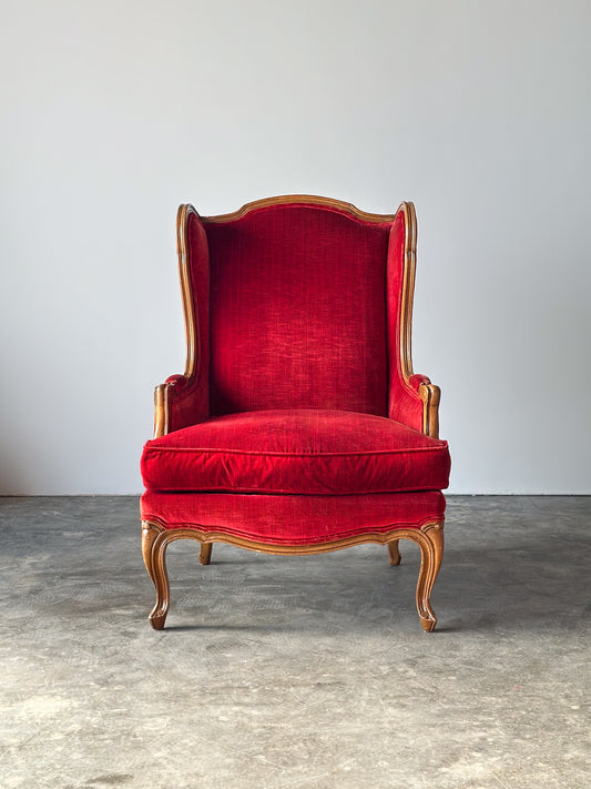 Vintage French Louis XV Style Crimson Velvet Wingback Bergère