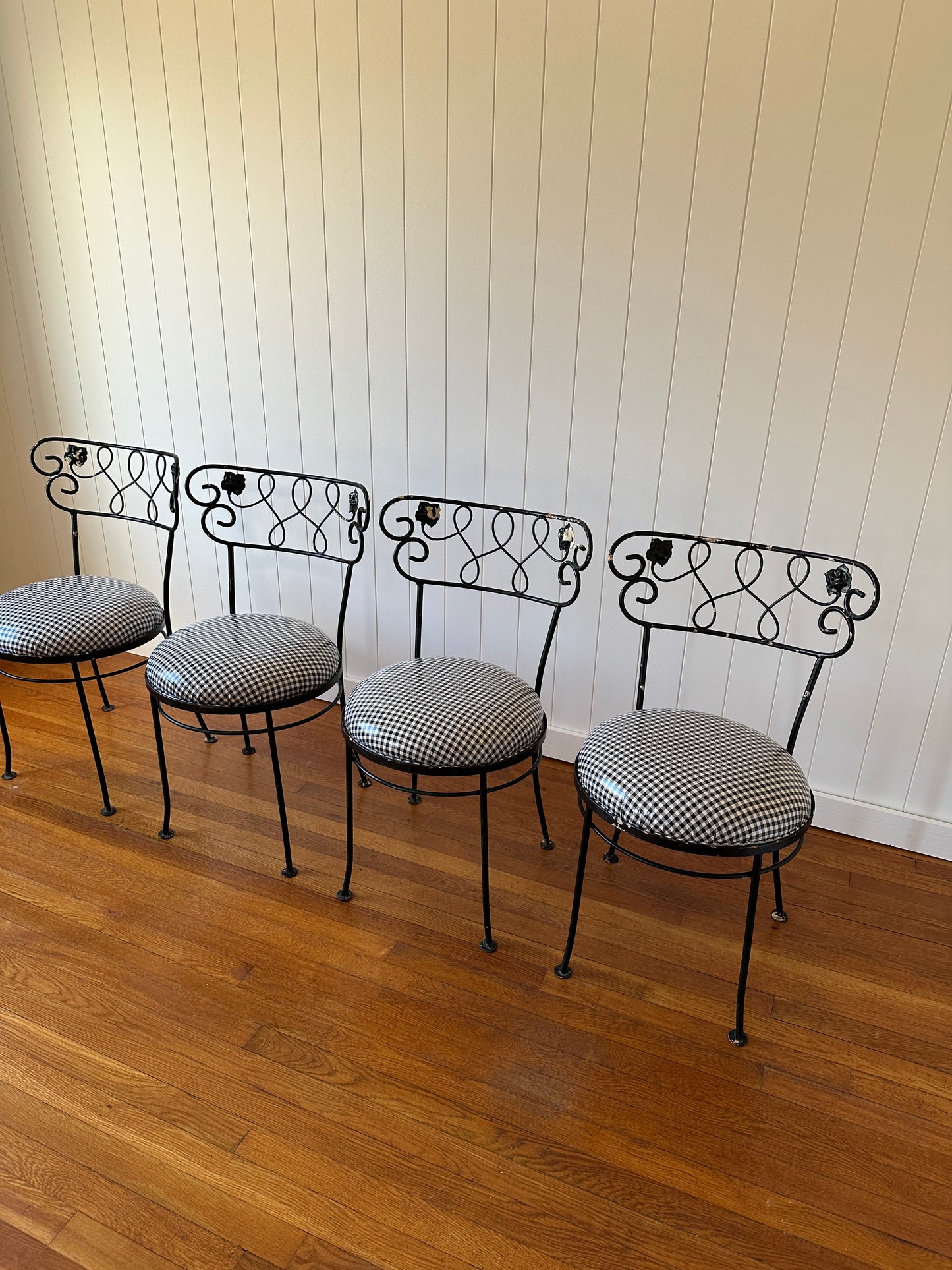 Vintage Wrought Iron Dining Chairs With Gingham Seats, Set of Four
