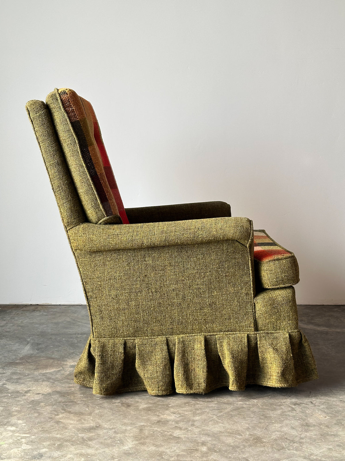 Olive Tweed Swivel Rocker with Patchwork Plaid Upholstery, 1970s