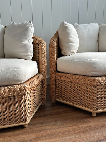 Vintage Brown Jordan Braided Wicker Lounge Chairs, Pair