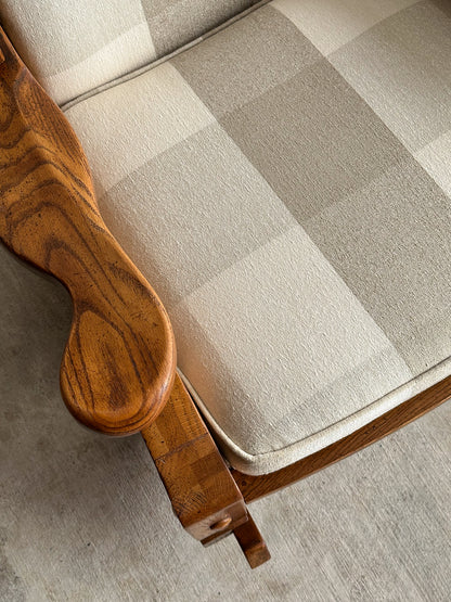 Studio Craft Oak Wingback Rocking Chair With Carved Rail, C. 1970s
