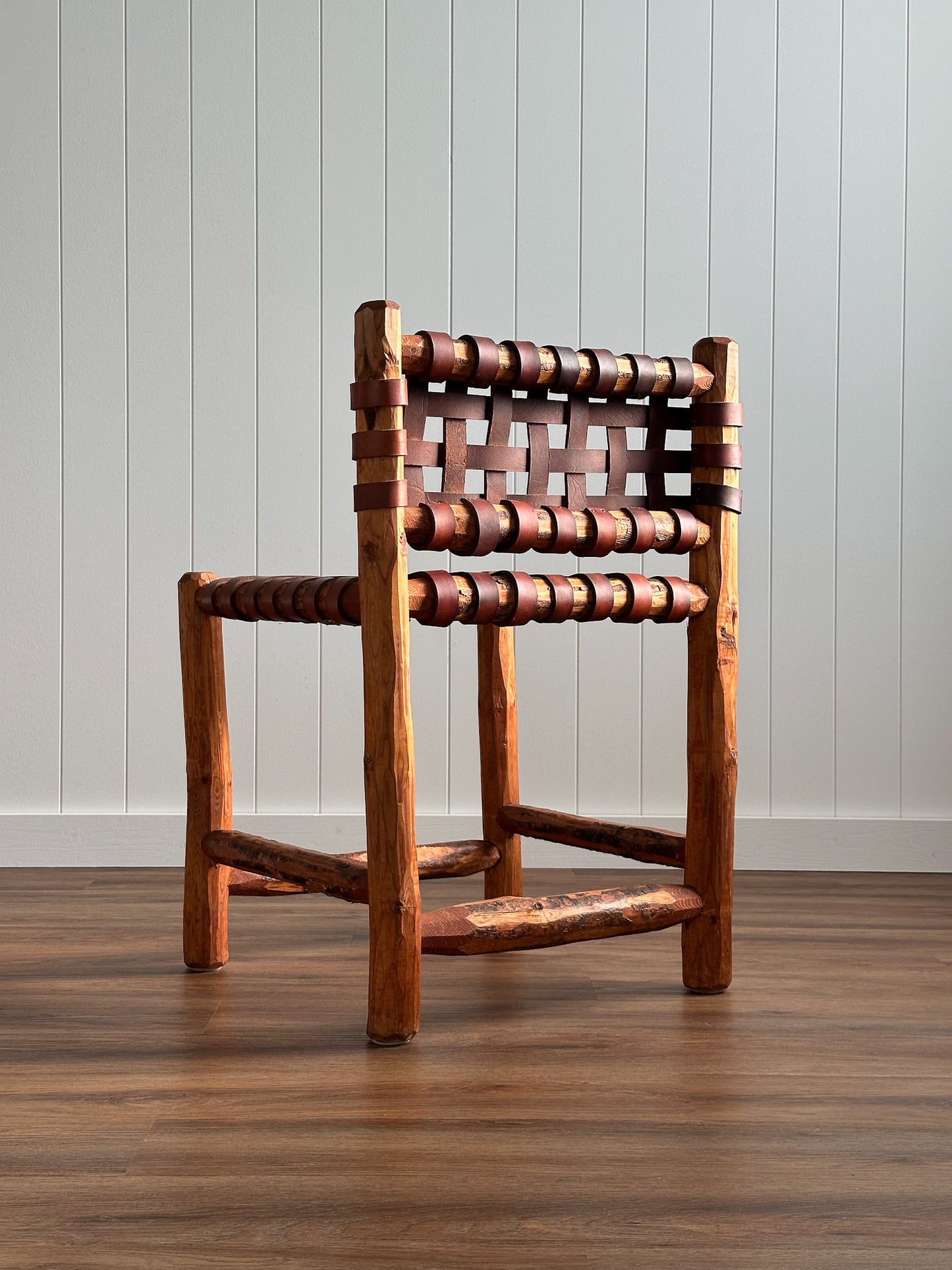 1940s Tuscan Leather Strap & Wood Dining Chairs, Set of Four