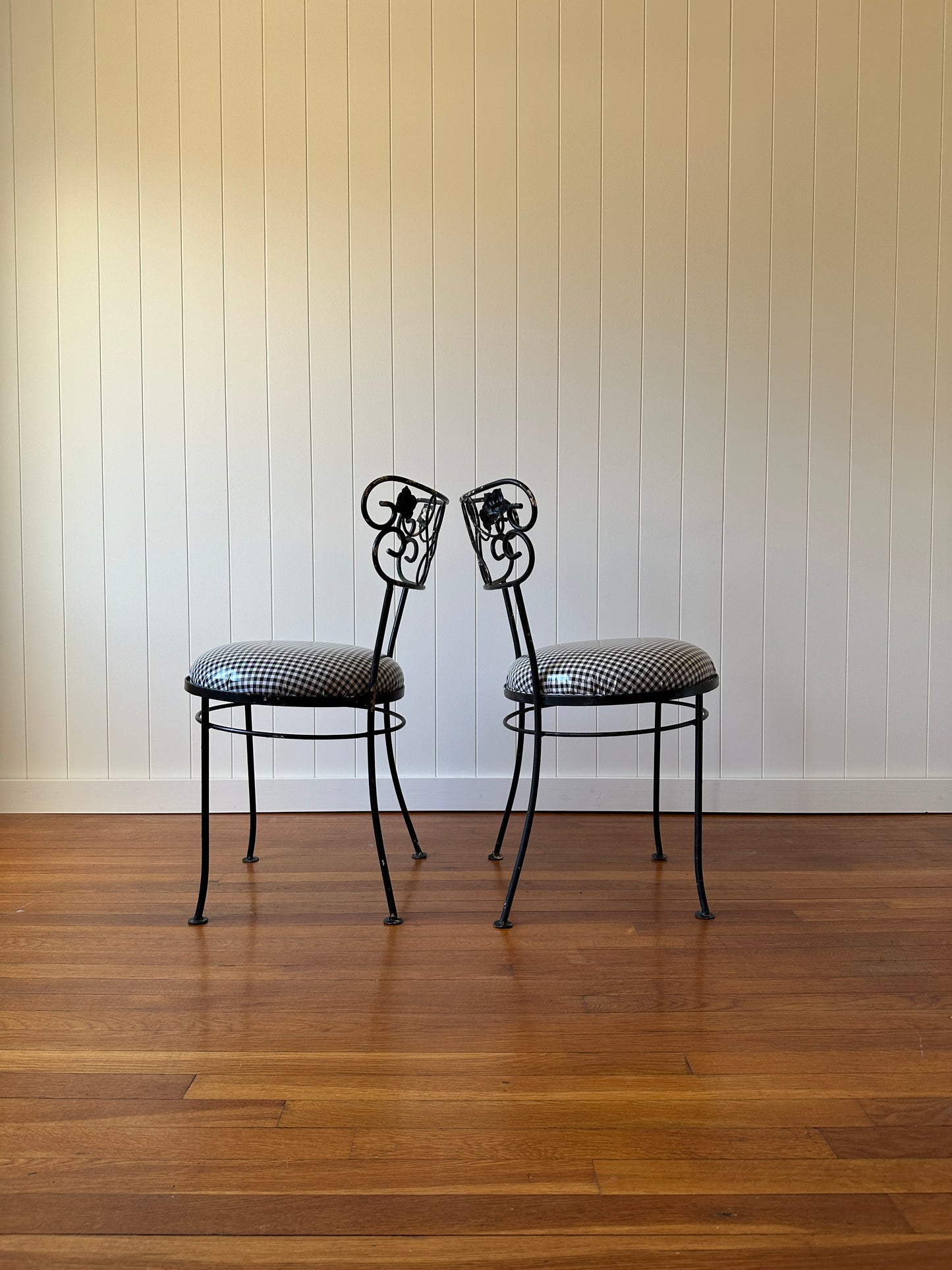 Vintage Wrought Iron Dining Chairs With Gingham Seats, Set of Four