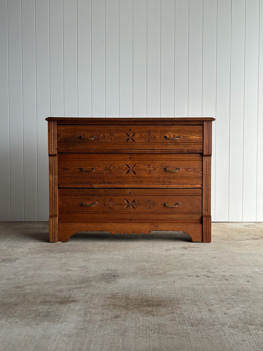 Antique Carved Oak Three-Drawer Chest, Late 19th Century