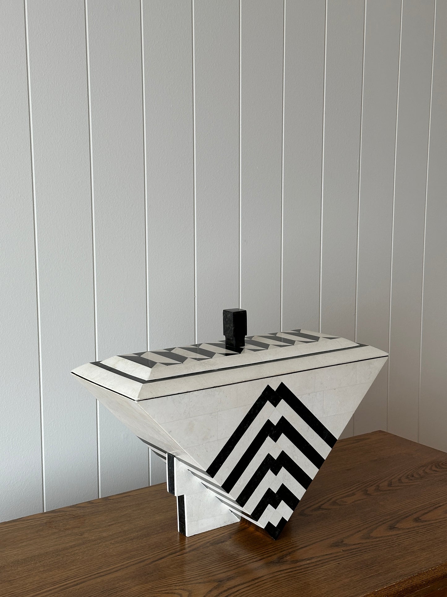 Vintage Maitland-Smith Tessellated Mactan Stone Box With Marble and Brass Inlay