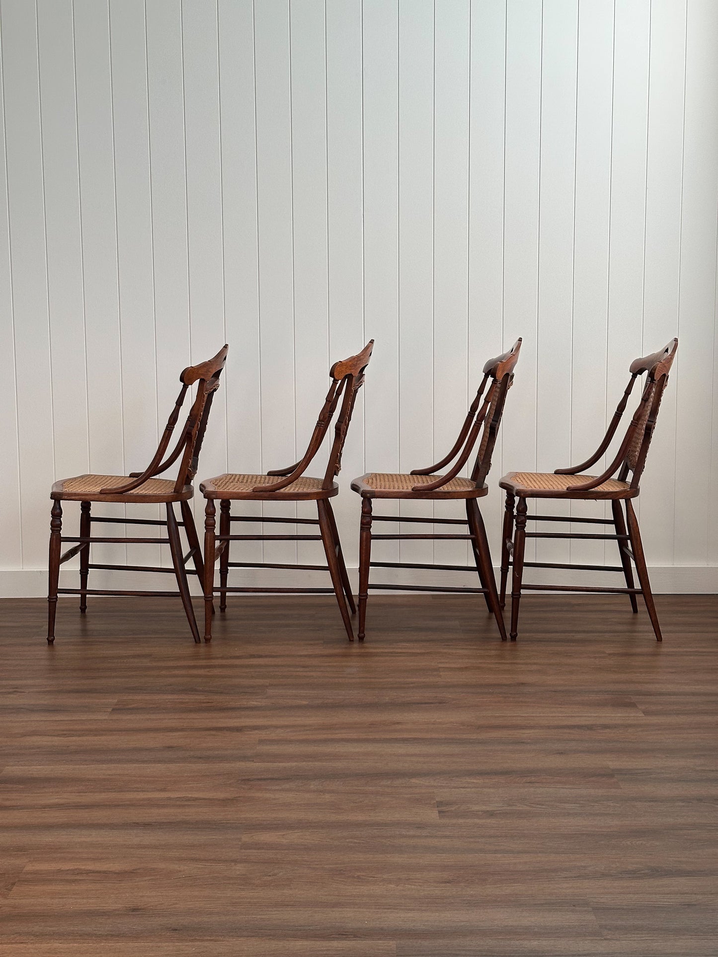 Victorian-Era Antique Cane & Wood Dining Chairs, Set of Four