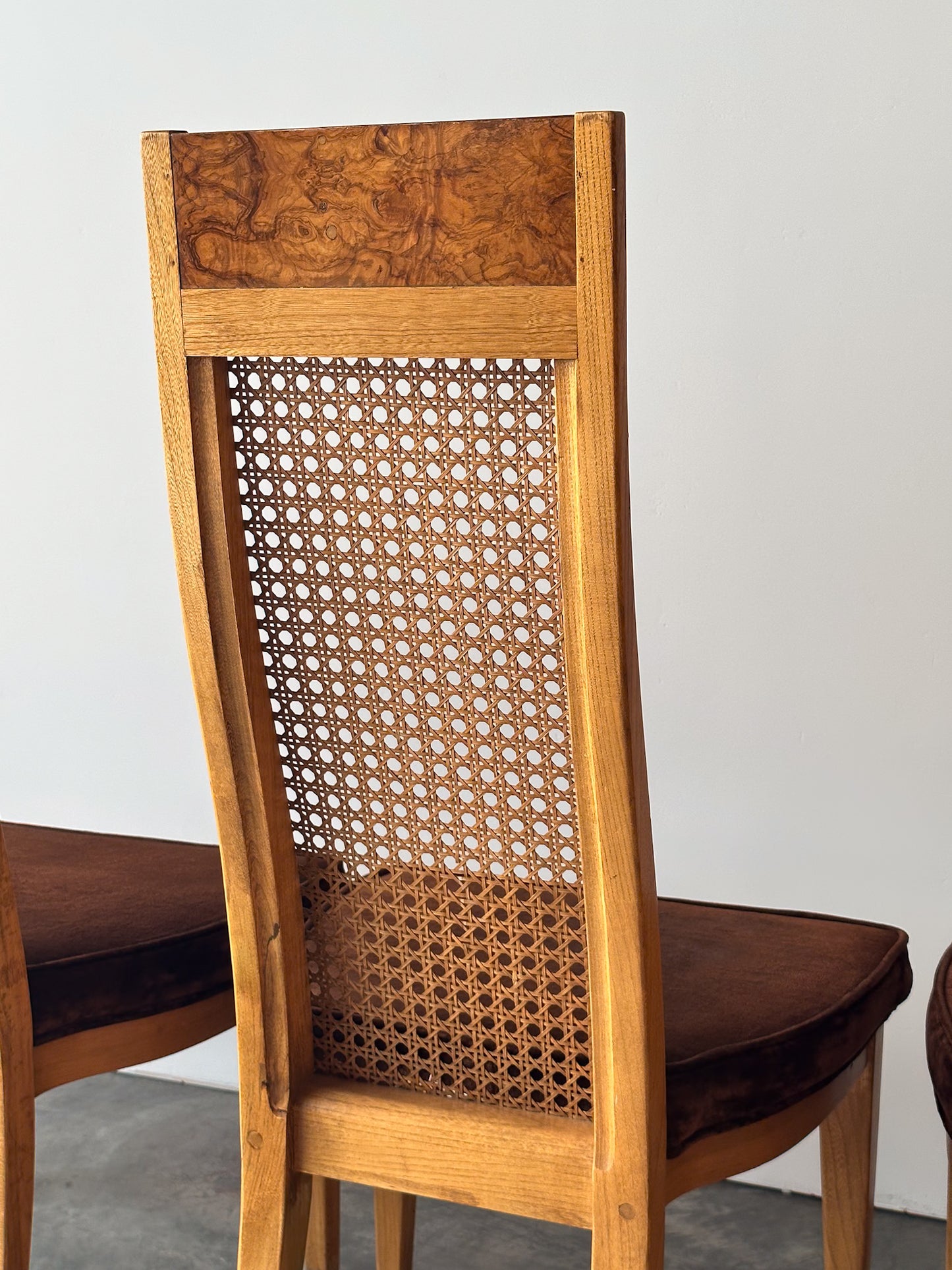 Set of 6 Milo Baughman Style Cane Back Burl Dining Chairs by Lane, 1970s