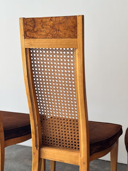 Set of 6 Milo Baughman Style Cane Back Burl Dining Chairs by Lane, 1970s