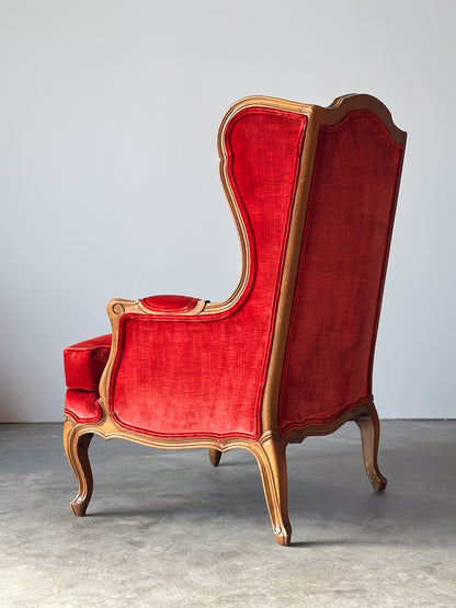 Vintage French Louis XV Style Crimson Velvet Wingback Bergère