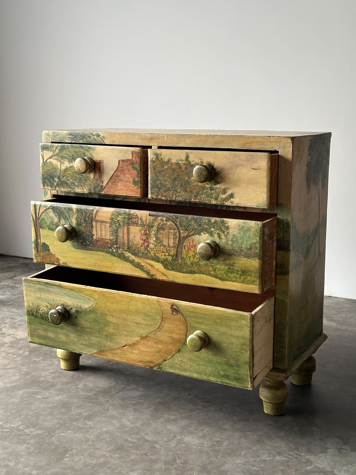 Hand-Painted Cottage Landscape Chest of Drawers, 19th Century