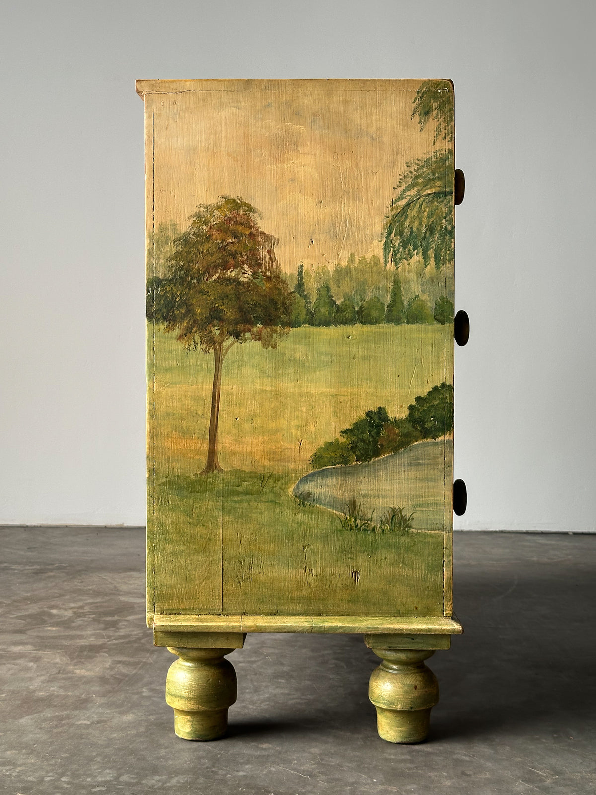 Hand-Painted Cottage Landscape Chest of Drawers, 19th Century