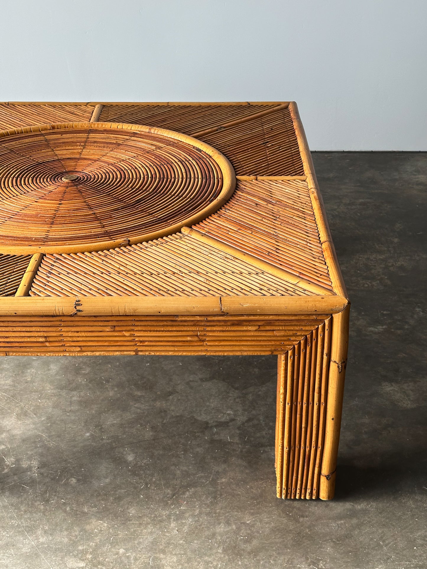 Sunburst Rattan Coffee Table, Attributed to Vivai Del Sud, Italy, 1970s