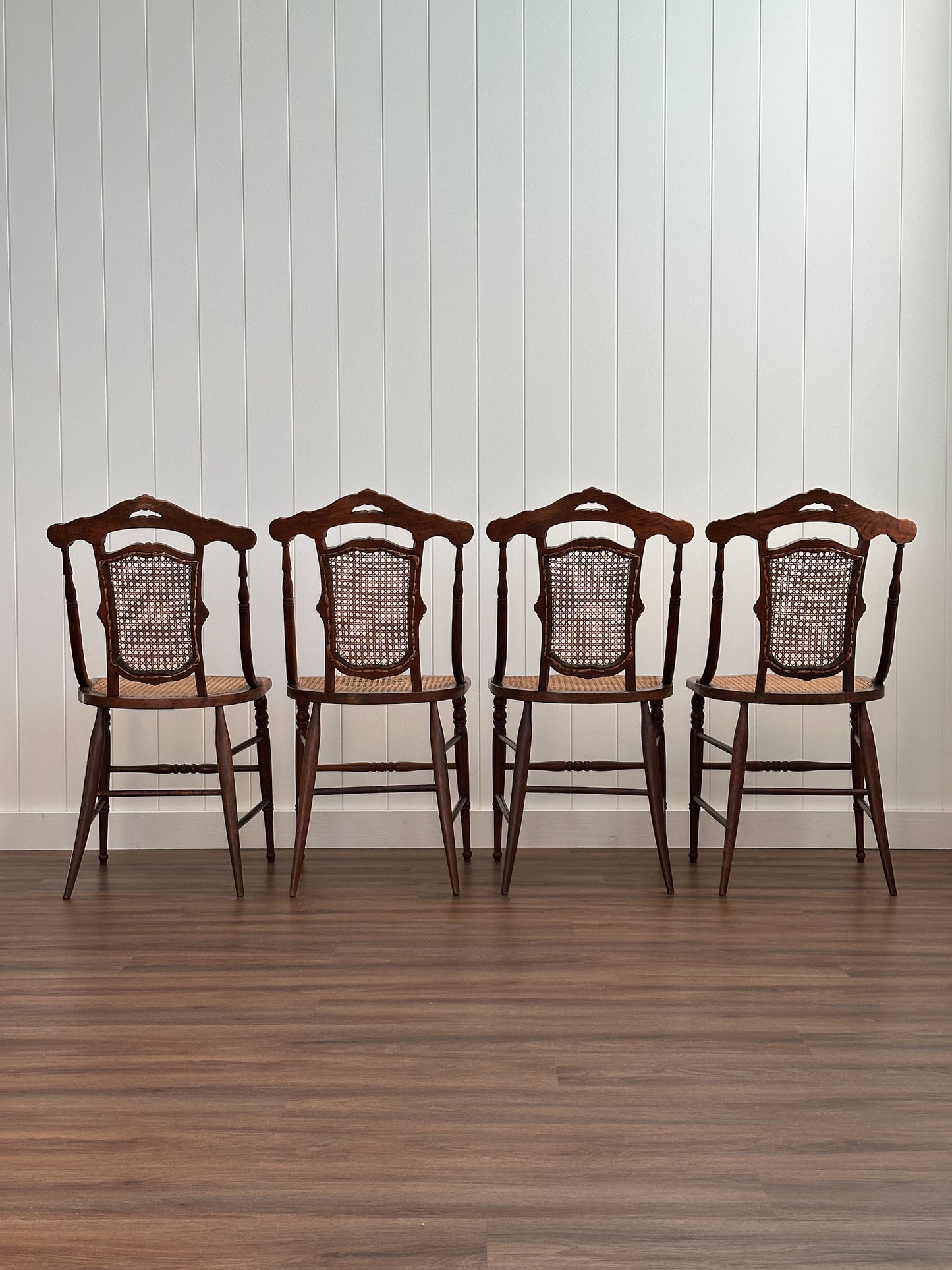 Victorian-Era Antique Cane & Wood Dining Chairs, Set of Four