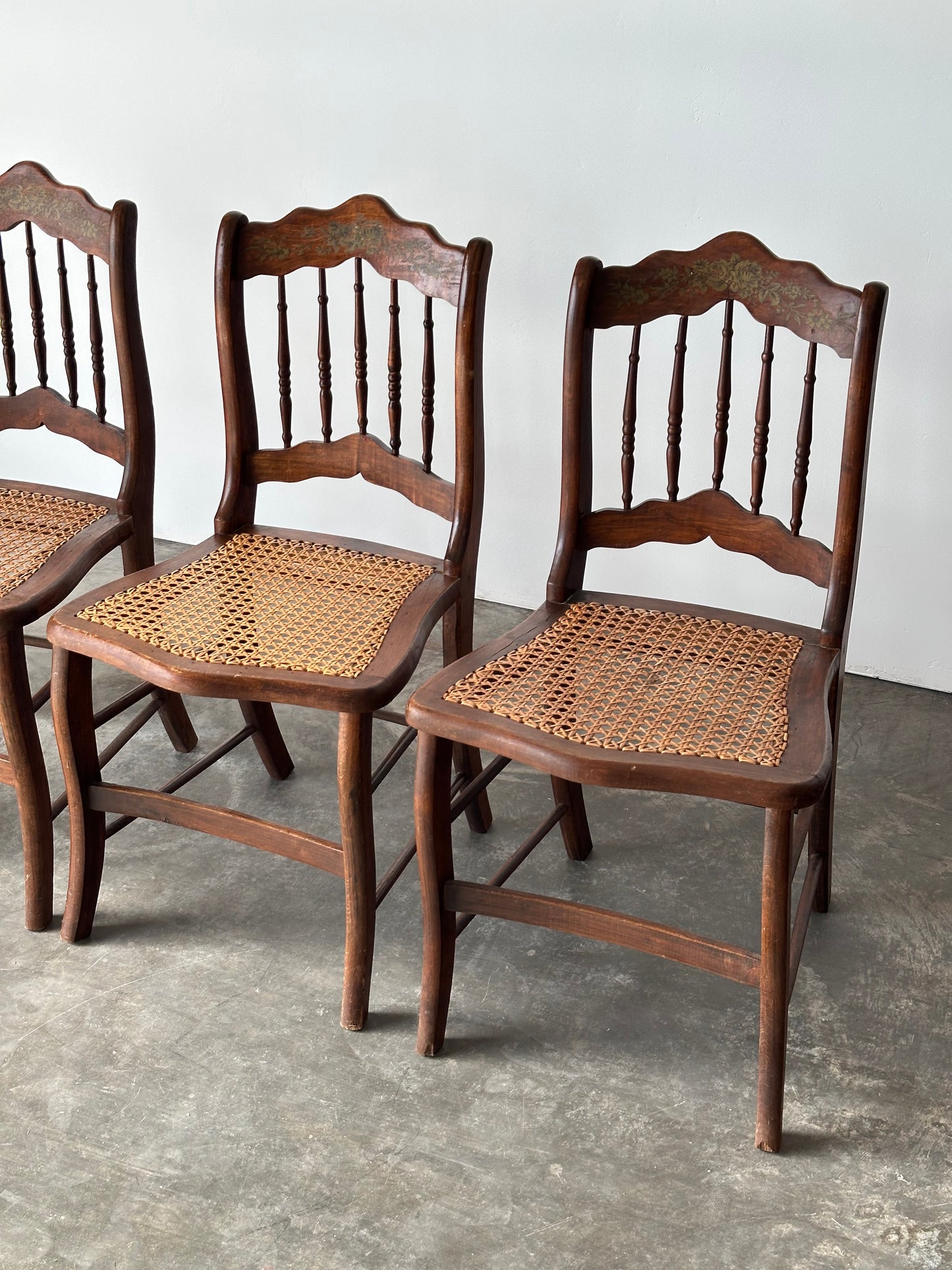 Antique Set of 4 Turned-Spindle Cane Seat Dining Chairs