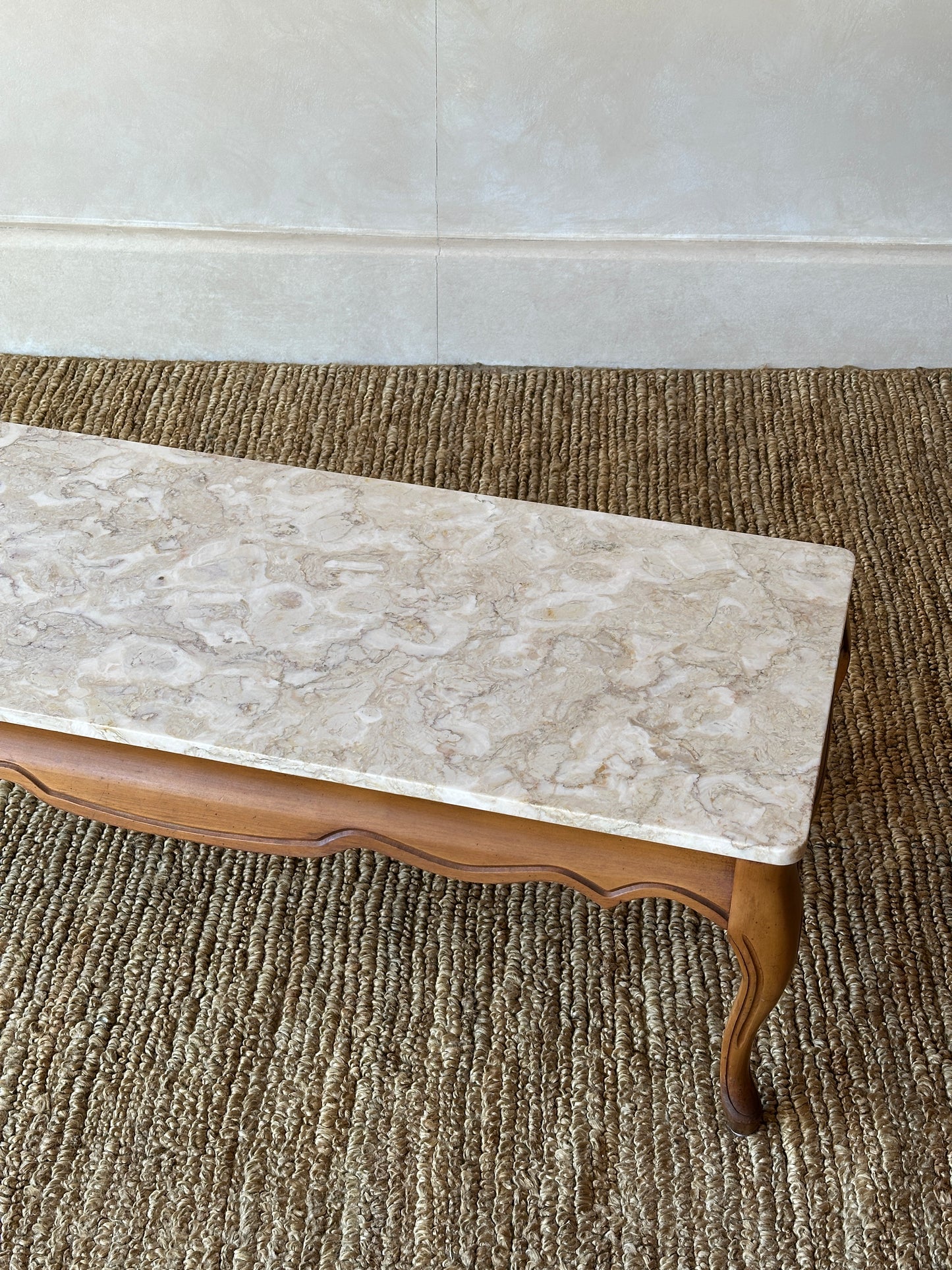 1950s French Provincial Marble and Carved Maple Coffee Table