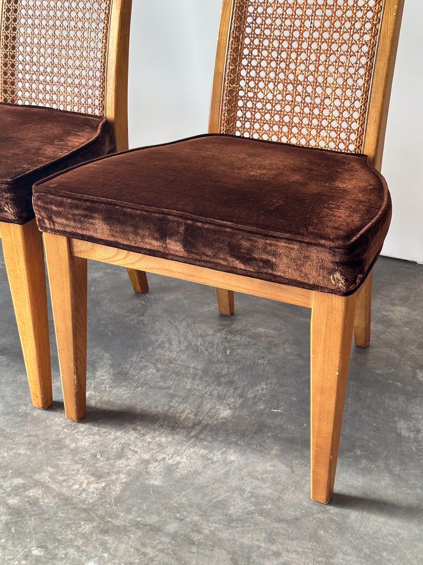 Set of 6 Milo Baughman Style Cane Back Burl Dining Chairs by Lane, 1970s