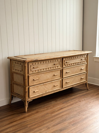 Vintage Woven Rattan Six-Drawer Dresser