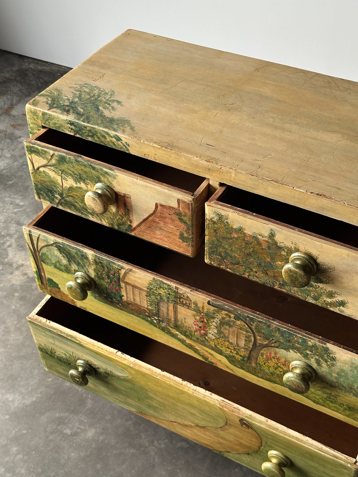 Hand-Painted Cottage Landscape Chest of Drawers, 19th Century
