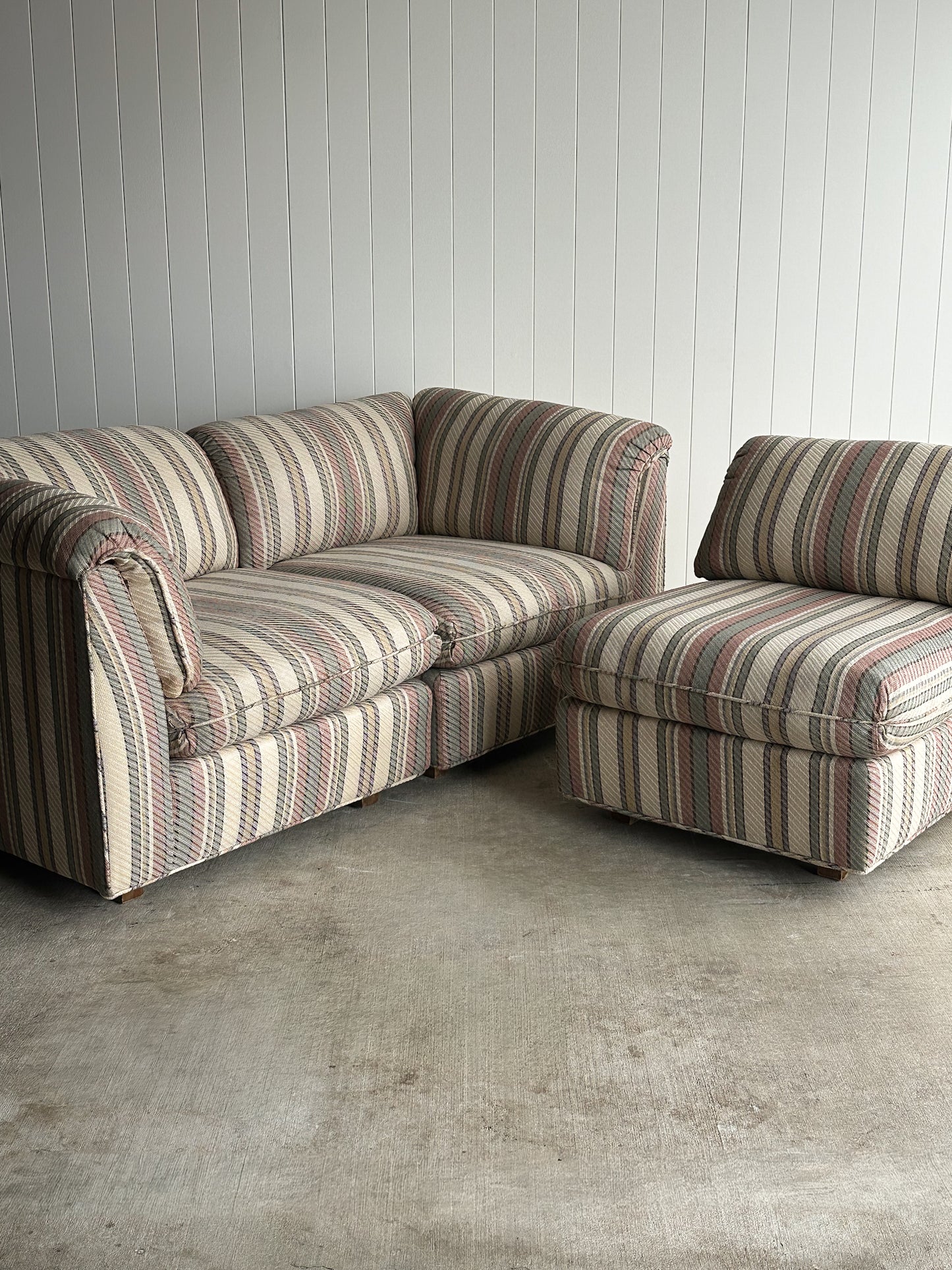 Vintage Postmodern Three-Piece Modular Sofa in Original Striped Upholstery, C. 1980s