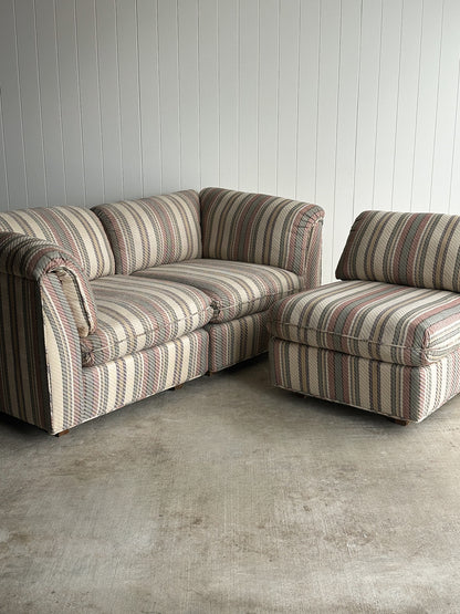 Vintage Postmodern Three-Piece Modular Sofa in Original Striped Upholstery, C. 1980s