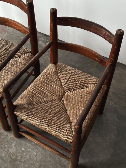 Rustic Pine and Rush Hearth Armchairs, France, Mid-20th Century, Set of Four