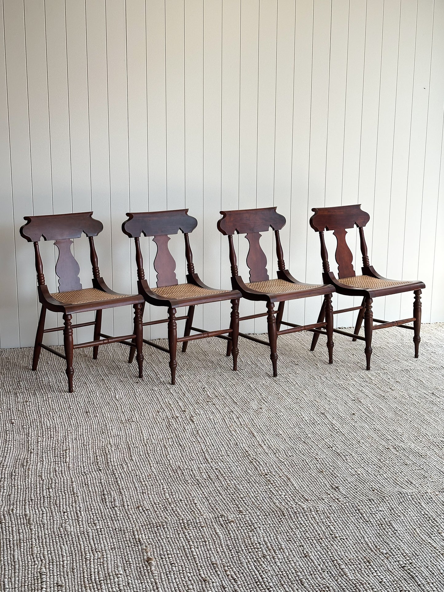 1960s Vintage Sculpted Mahogany Dining Chairs with Cane Seats, Set of 4