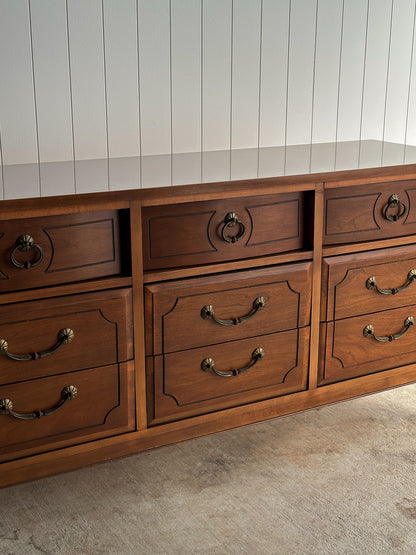 Vintage Ward Walnut Nine-Drawer Triple Dresser with Fluted Details