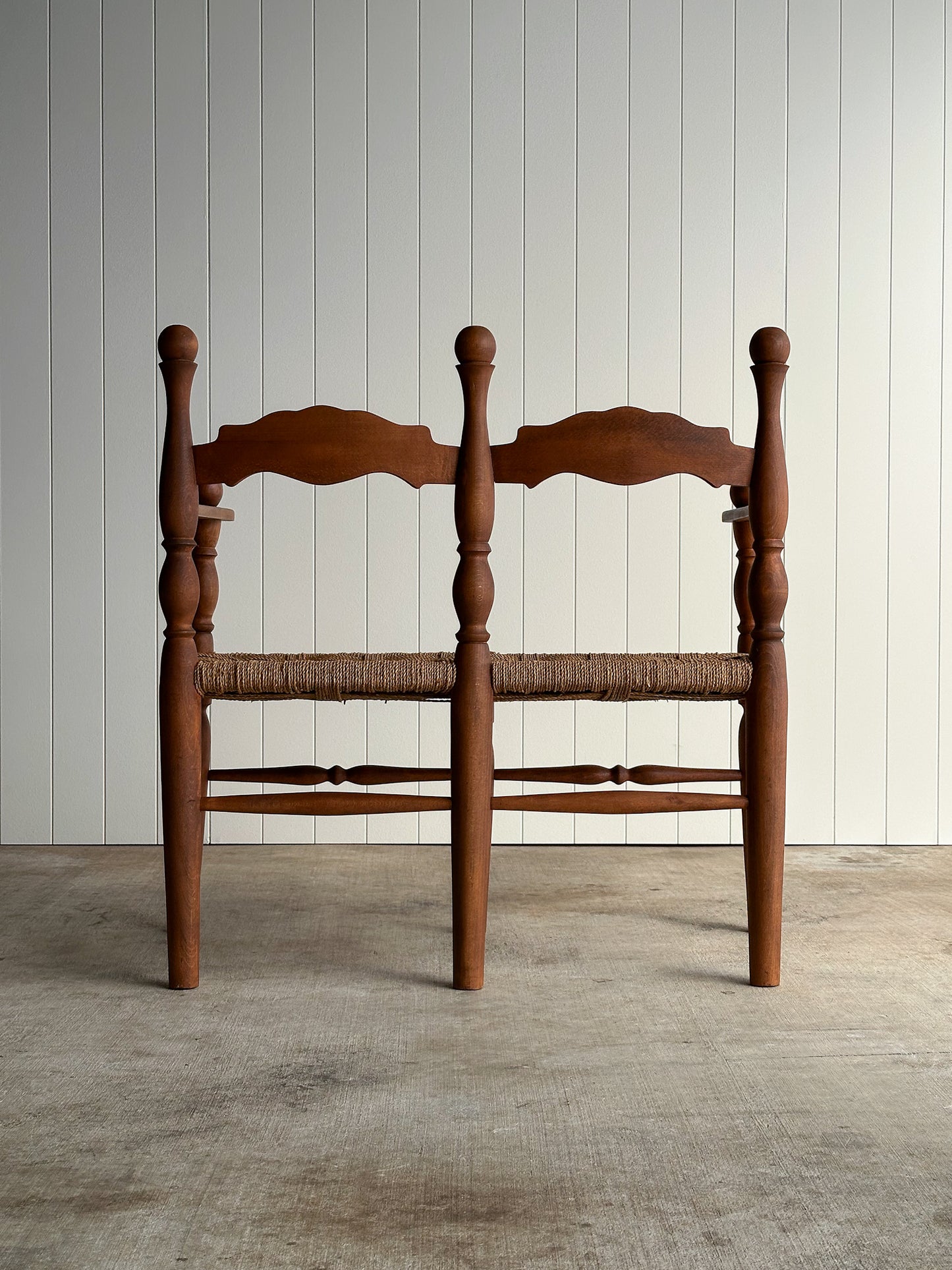 Vintage Sculptural Turned Wood Double Bench with Woven Rope Seat, c. 1950