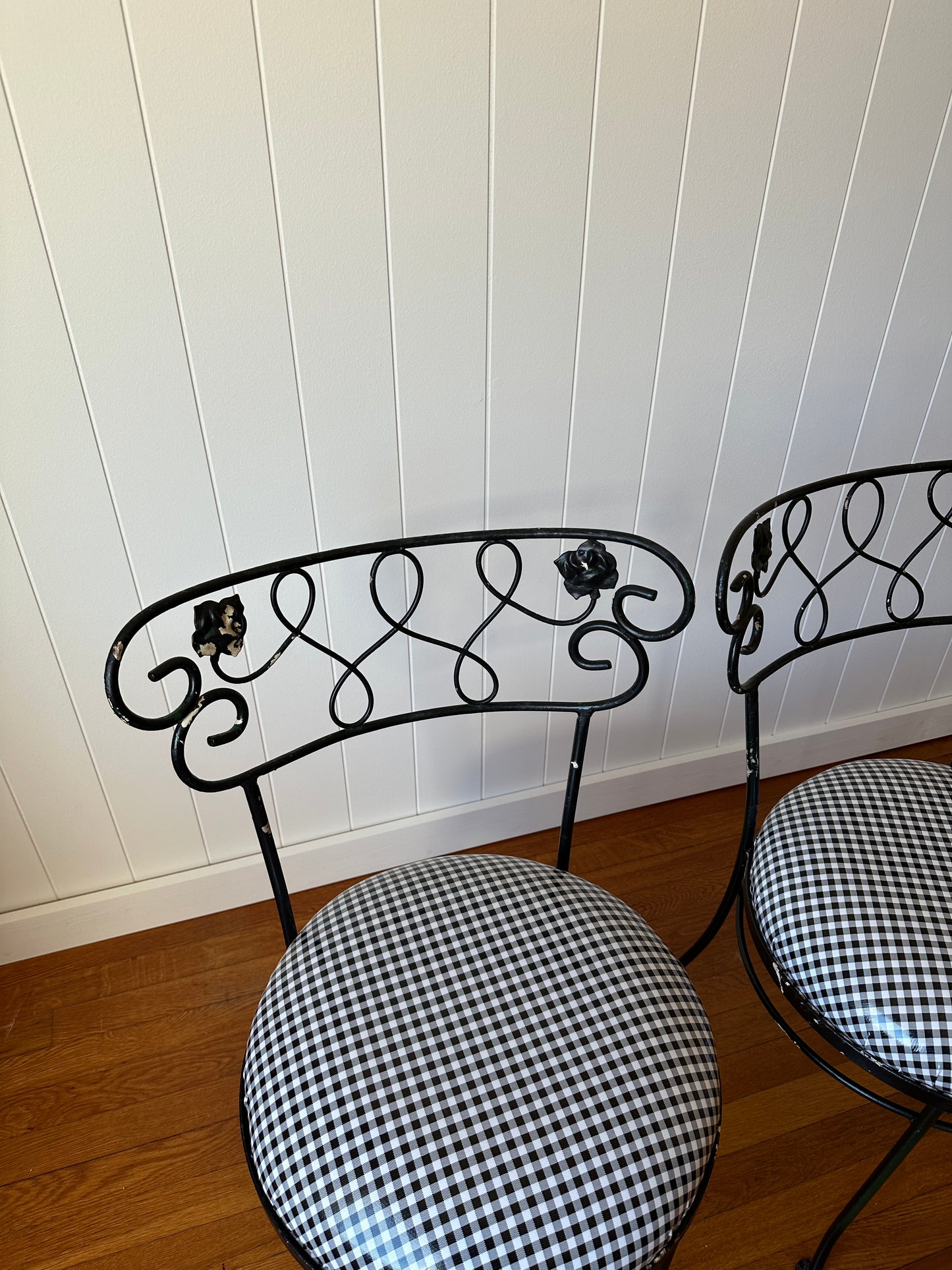 Vintage Wrought Iron Dining Chairs With Gingham Seats, Set of Four