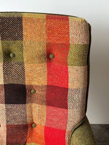 Olive Tweed Swivel Rocker with Patchwork Plaid Upholstery, 1970s