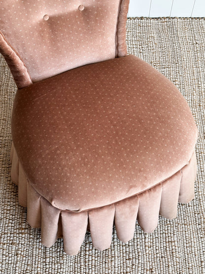 Vintage Blush Velvet Vanity Slipper Chair with Pleated Skirt