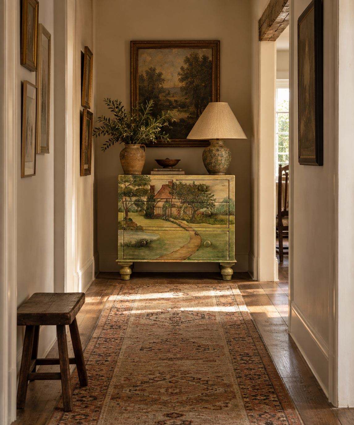 Hand-Painted Cottage Landscape Chest of Drawers, 19th Century