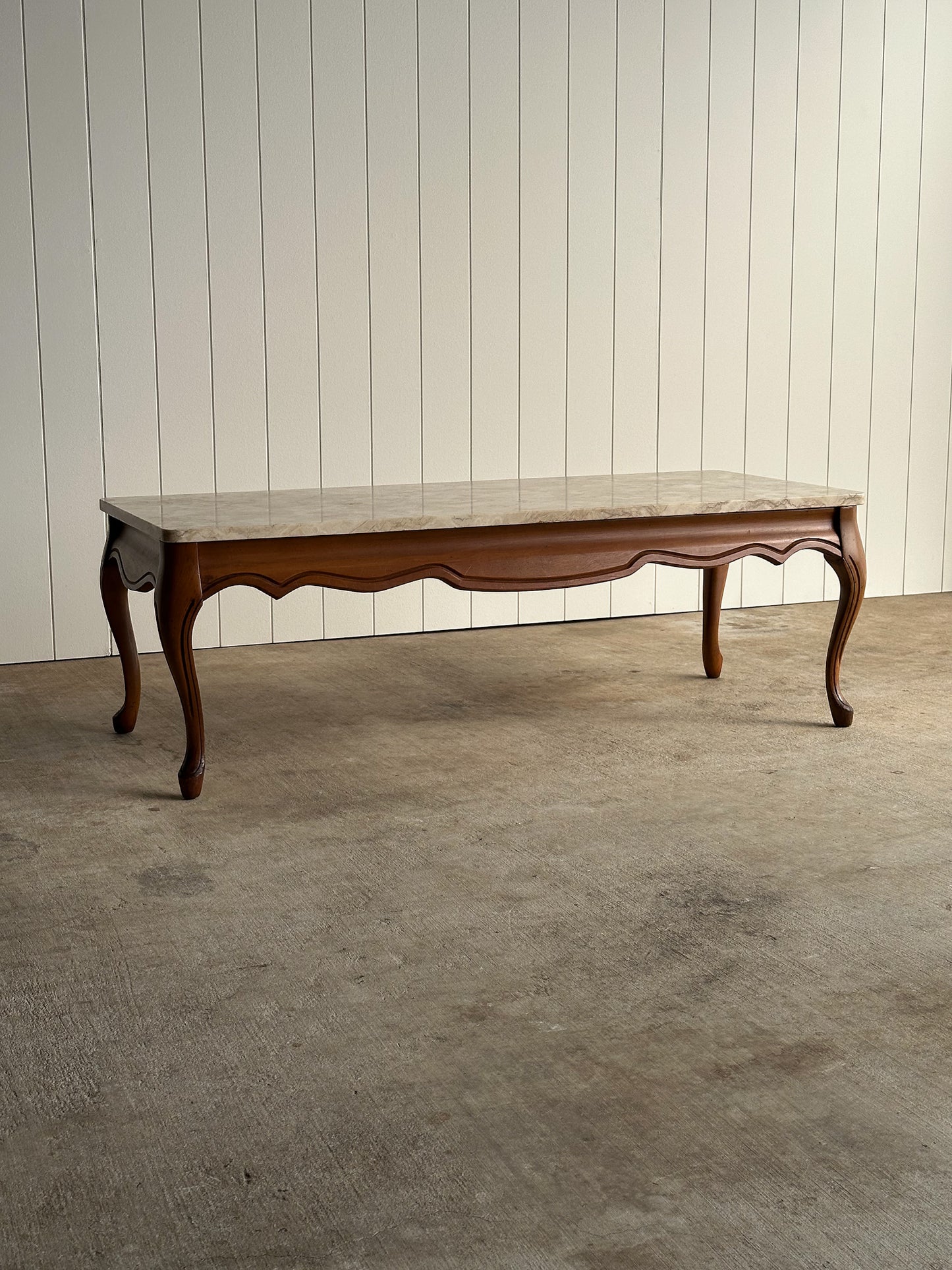 Vintage French Provincial Carved Maple Coffee Table with Marble Top