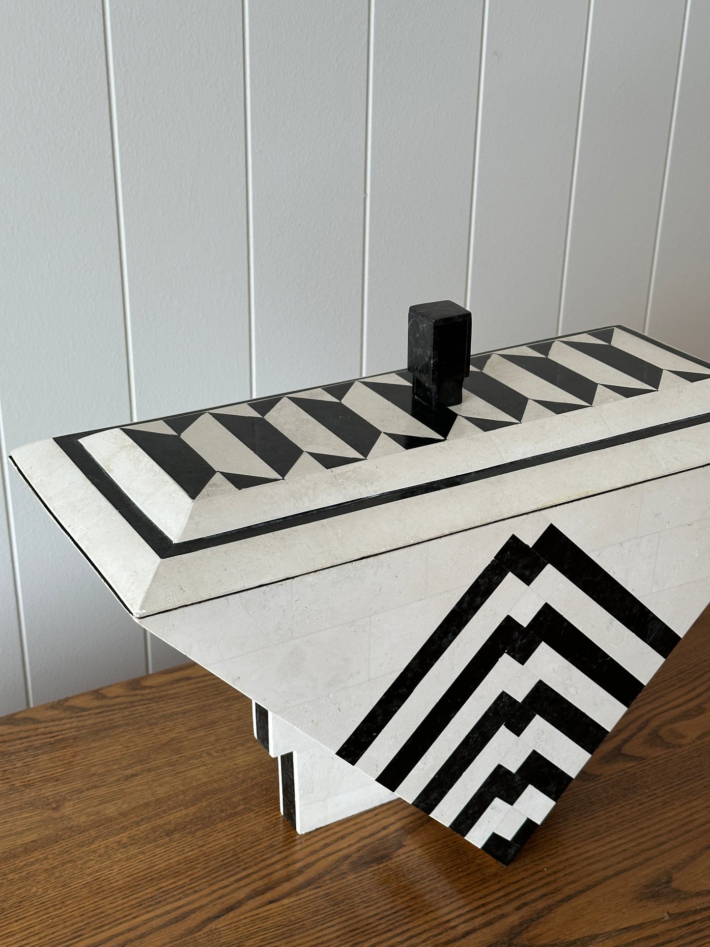 Vintage Maitland-Smith Tessellated Mactan Stone Box With Marble and Brass Inlay