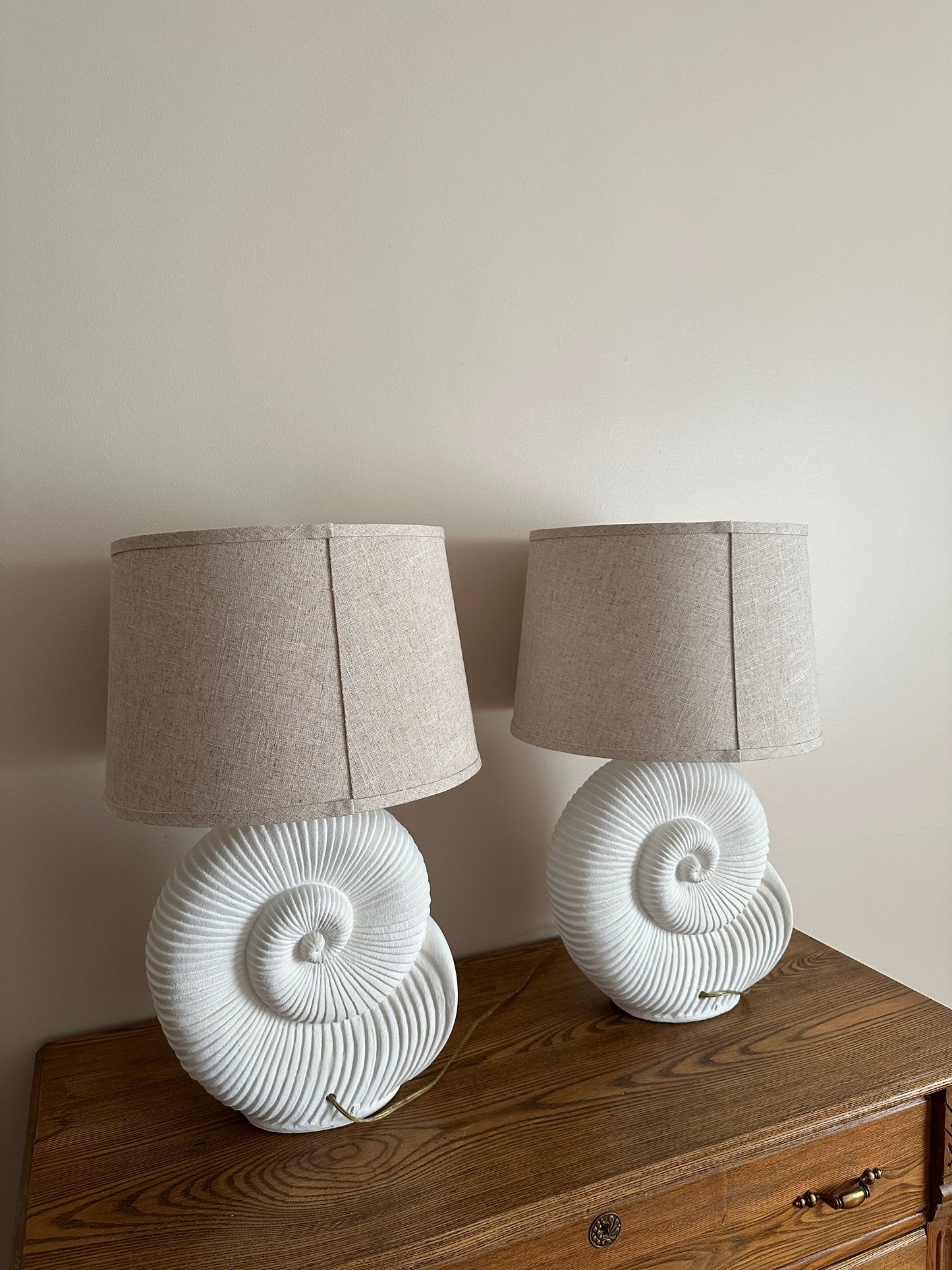 Vintage Spiral Shell Table Lamps With Linen Drum Shades - A Pair
