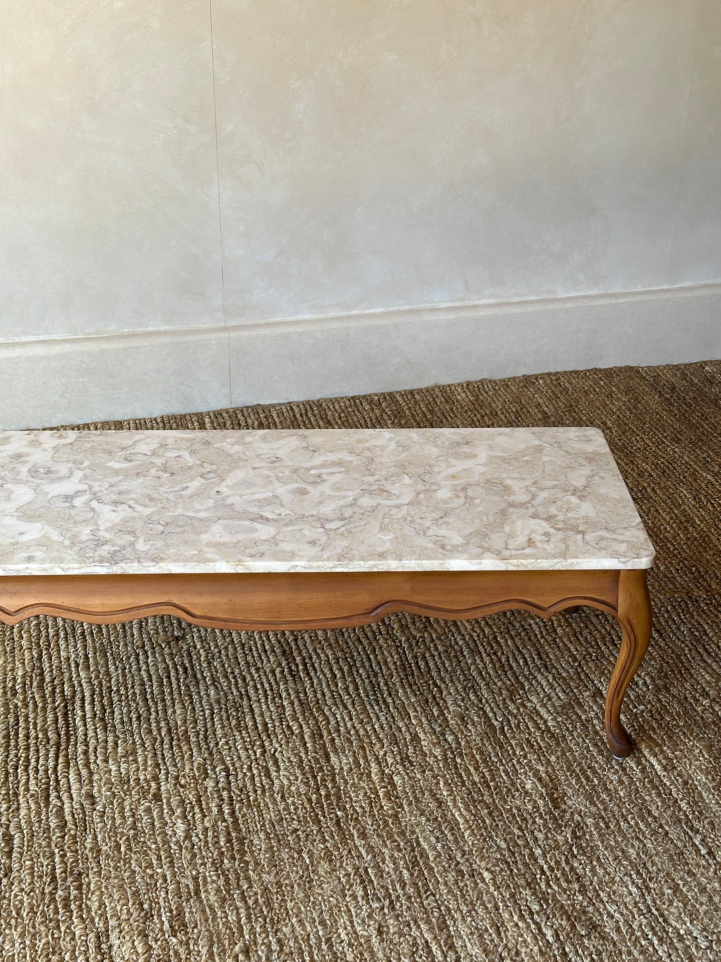 1950s French Provincial Marble and Carved Maple Coffee Table
