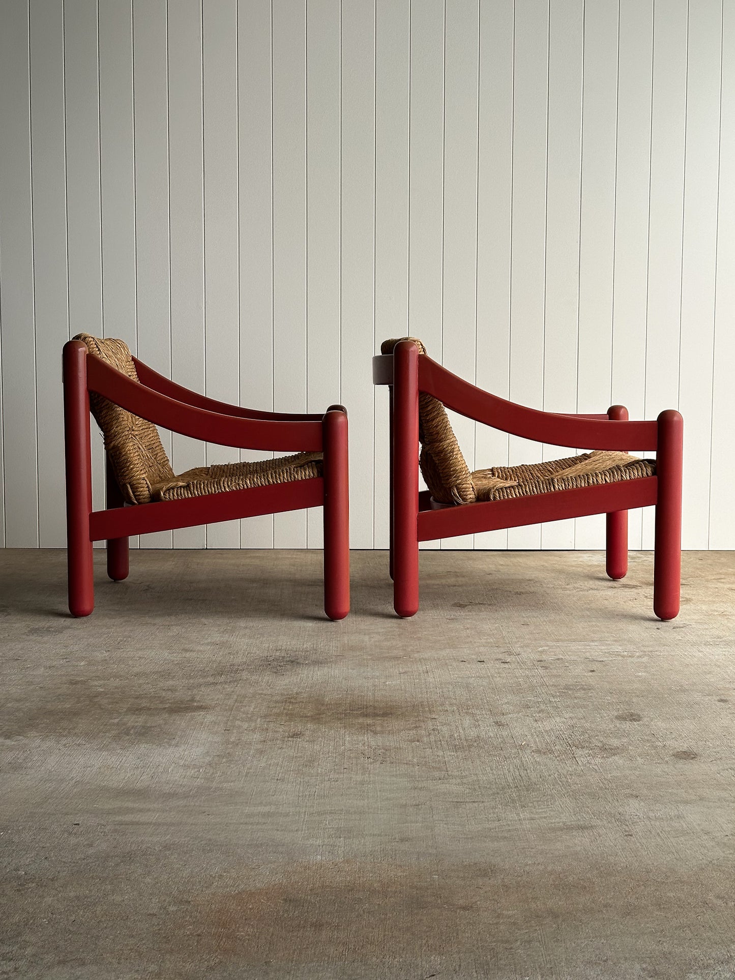 Pair of Vintage Red Lacquered Rush Lounge Chairs, Attributed to Vico Magistretti
