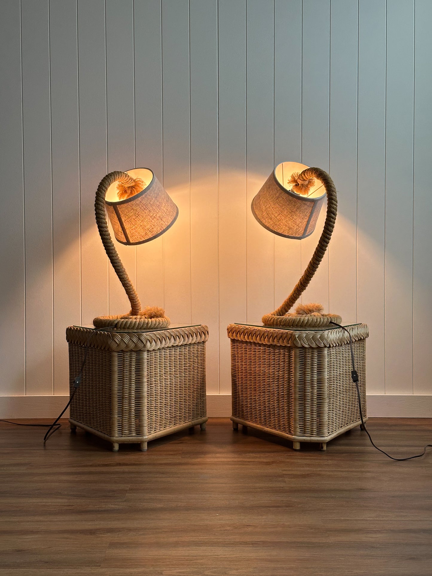 Vintage French Mid-Century Rope Table Lamps, Pair