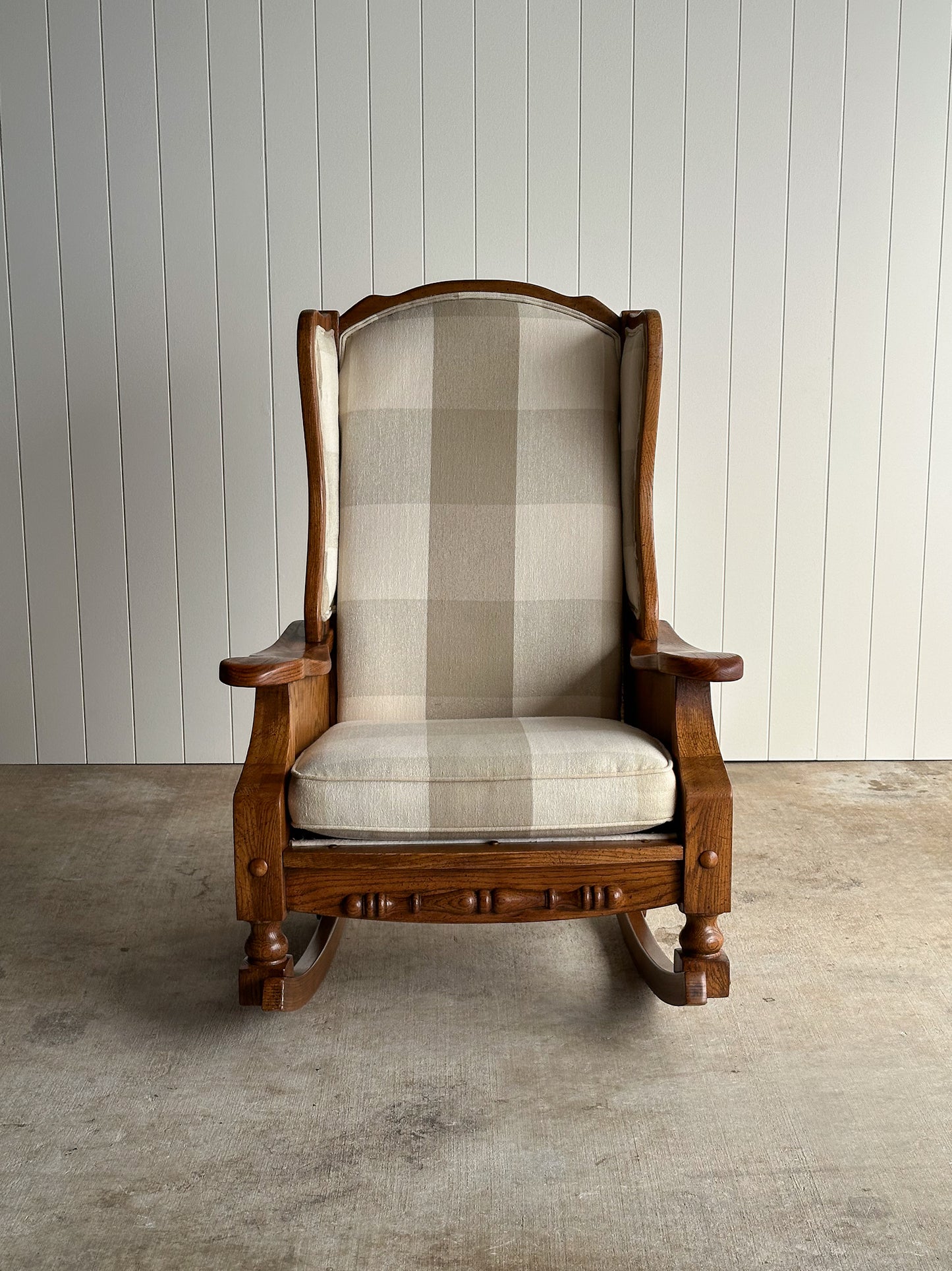 Studio Craft Oak Wingback Rocking Chair With Carved Rail, C. 1970s
