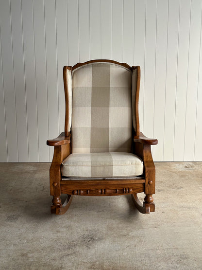 Studio Craft Oak Wingback Rocking Chair With Carved Rail, C. 1970s