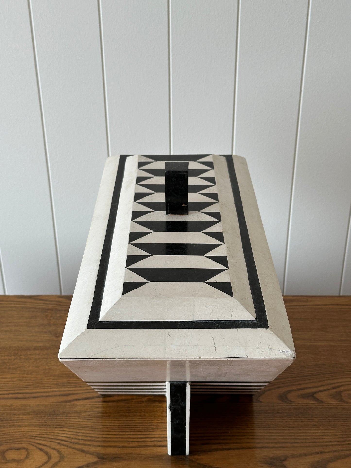 Vintage Maitland-Smith Tessellated Mactan Stone Box With Marble and Brass Inlay