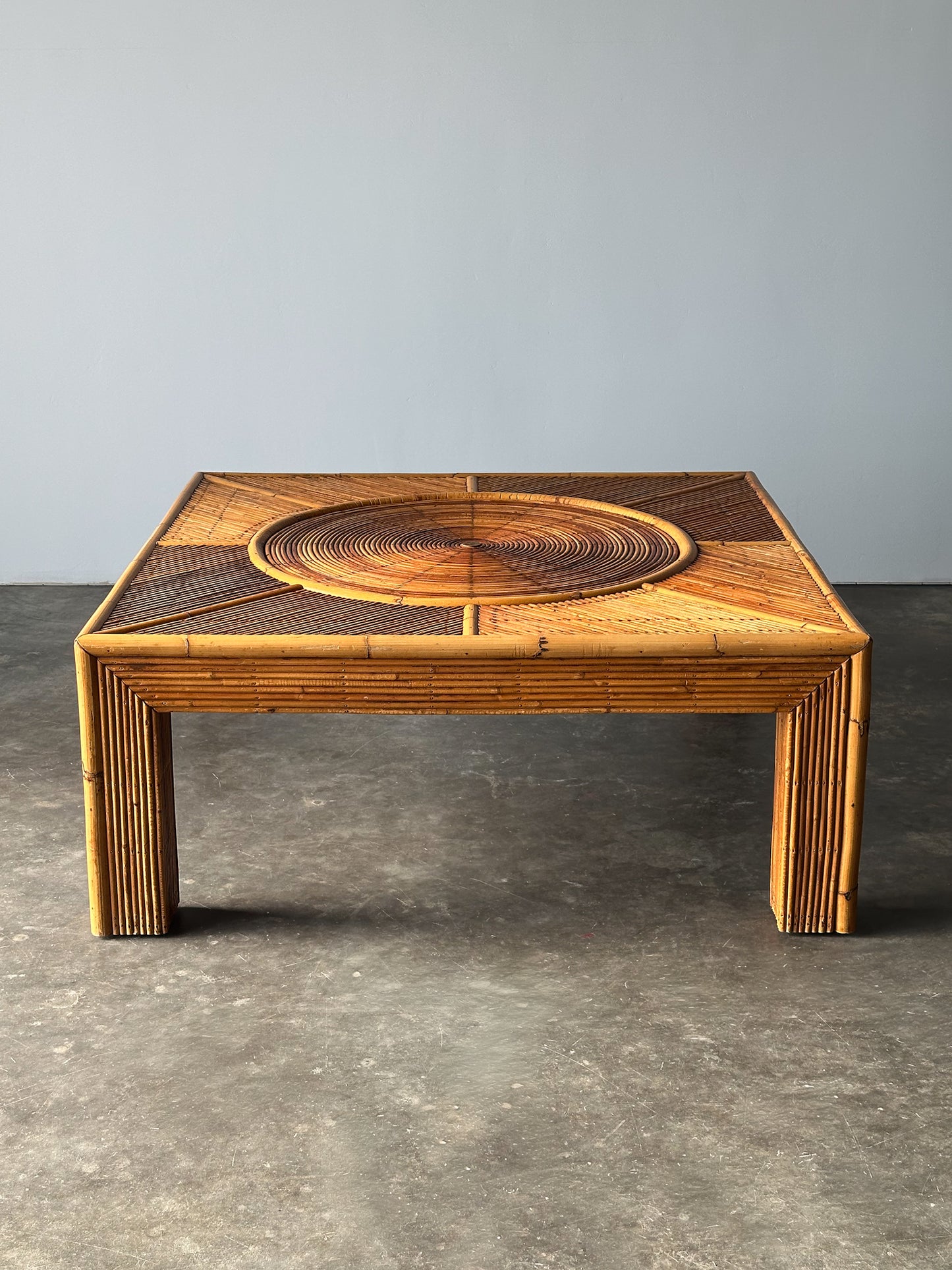 Sunburst Rattan Coffee Table, Attributed to Vivai Del Sud, Italy, 1970s