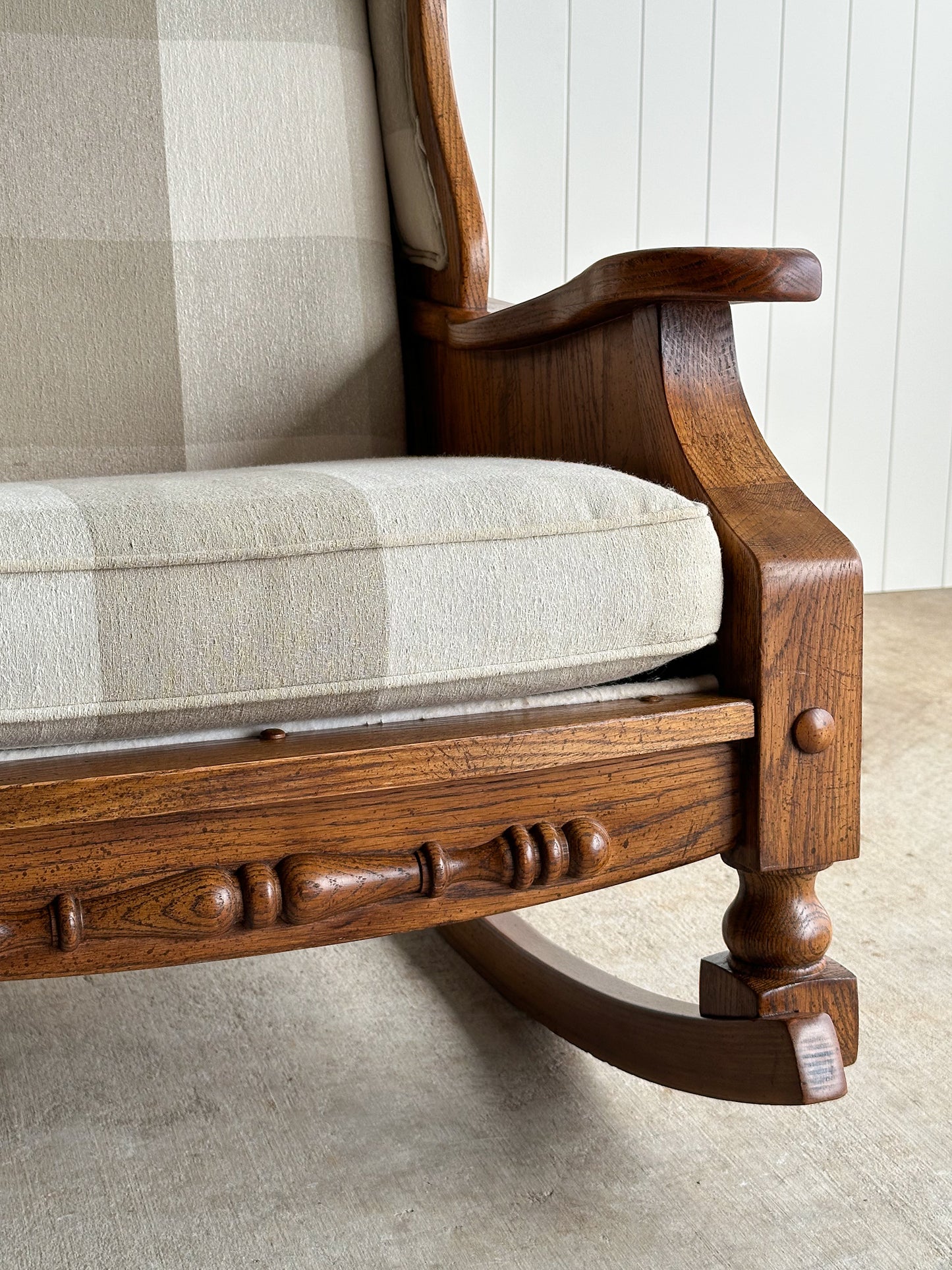 Studio Craft Oak Wingback Rocking Chair With Carved Rail, C. 1970s