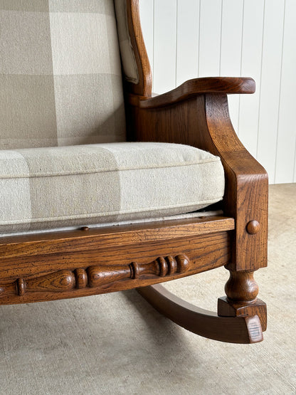 Studio Craft Oak Wingback Rocking Chair With Carved Rail, C. 1970s