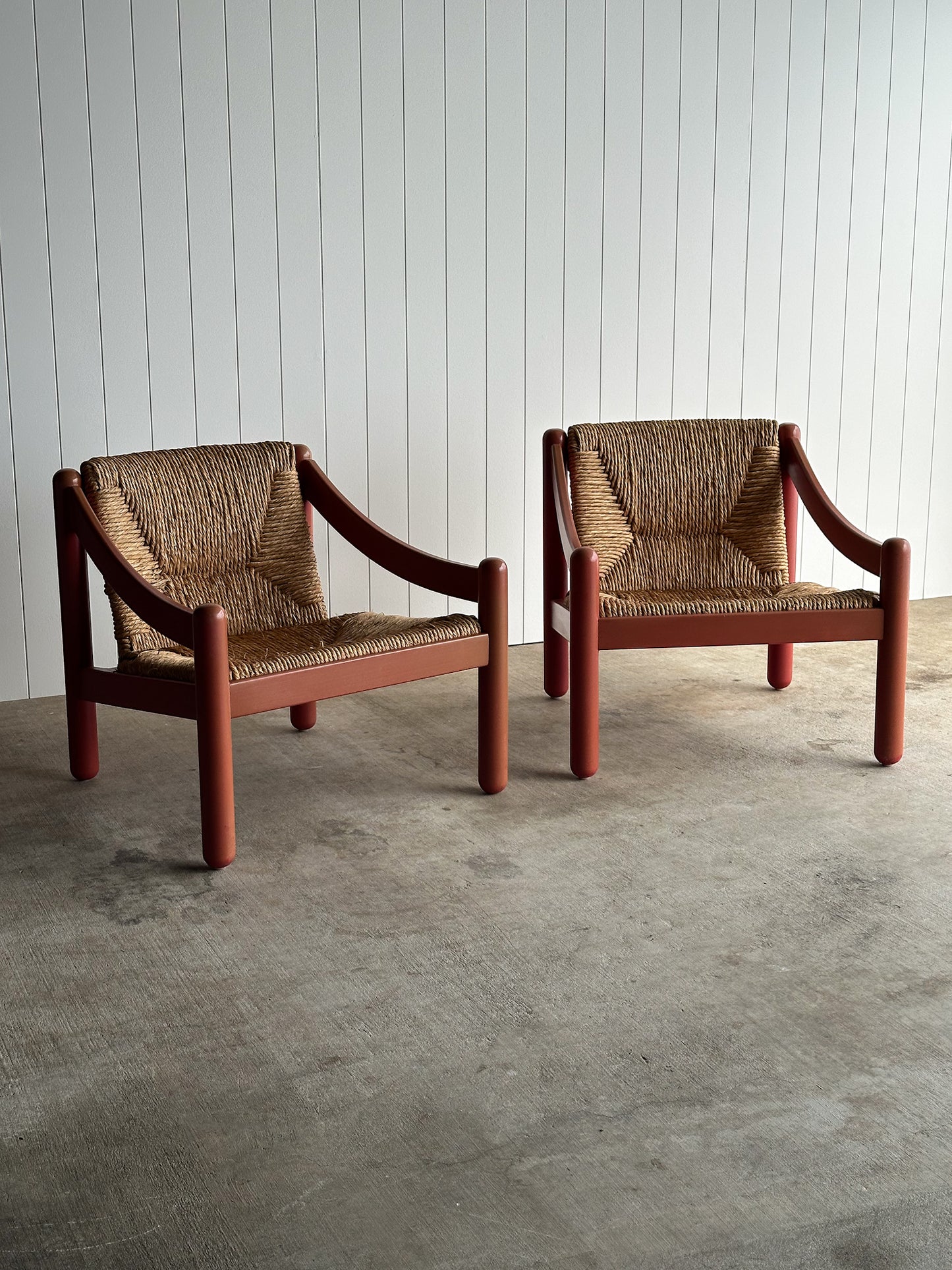 Pair of Vintage Red Lacquered Rush Lounge Chairs, Attributed to Vico Magistretti
