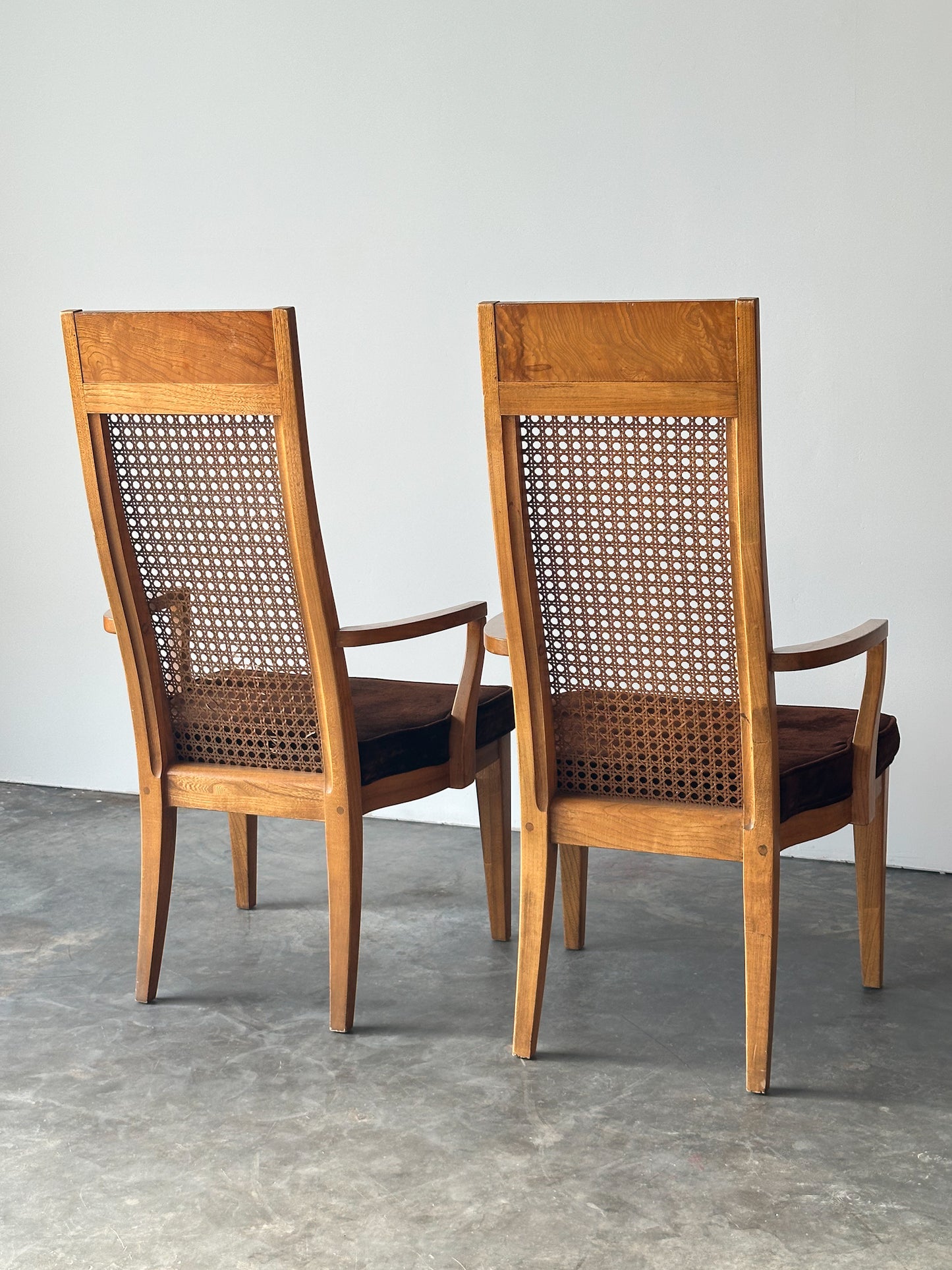Set of 6 Milo Baughman Style Cane Back Burl Dining Chairs by Lane, 1970s