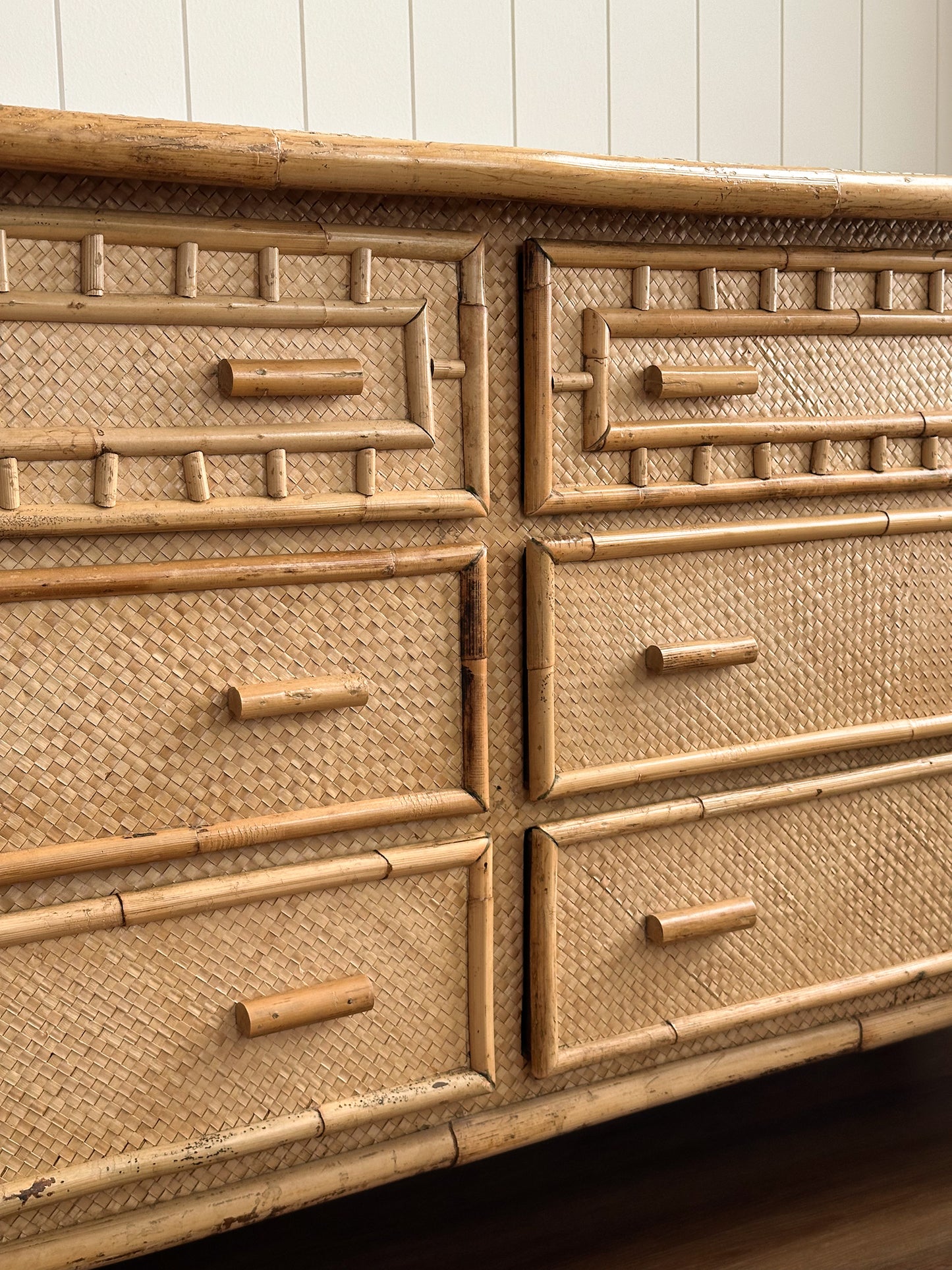 Vintage Coastal Woven Rattan Six-Drawer Dresser